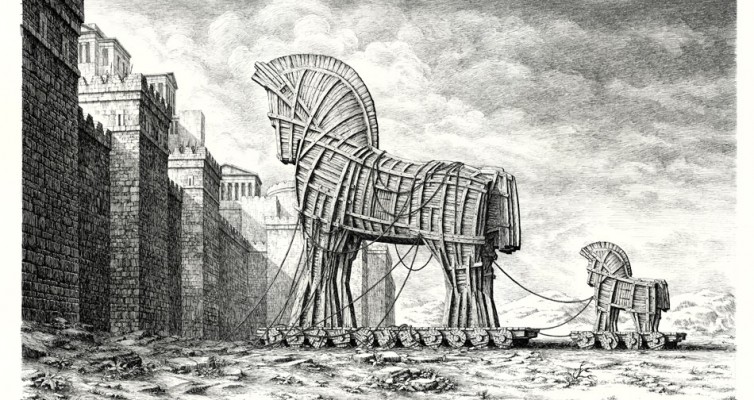 dessin cheval de troie devant les murs de la cité